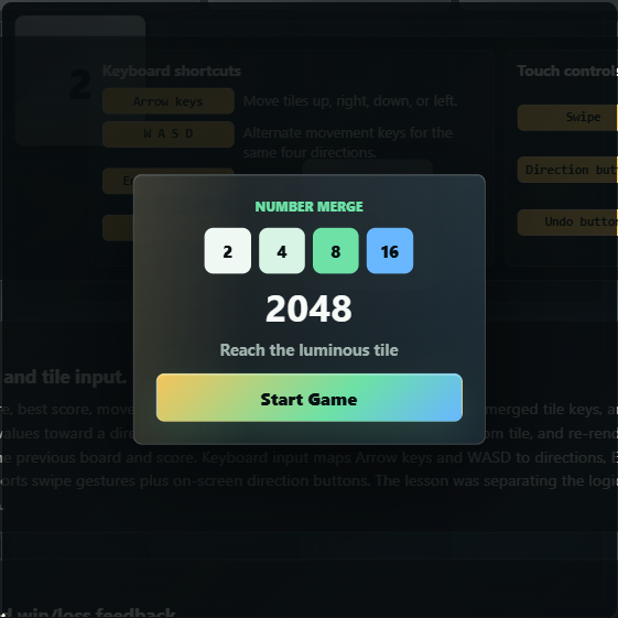 2048 puzzle game start screen with numbered tiles and keyboard/touch controls