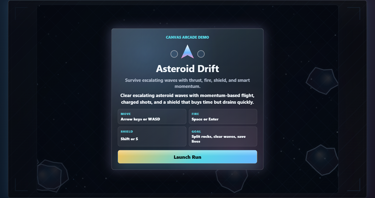 Asteroid Drift canvas game start screen with ship controls and asteroid field preview