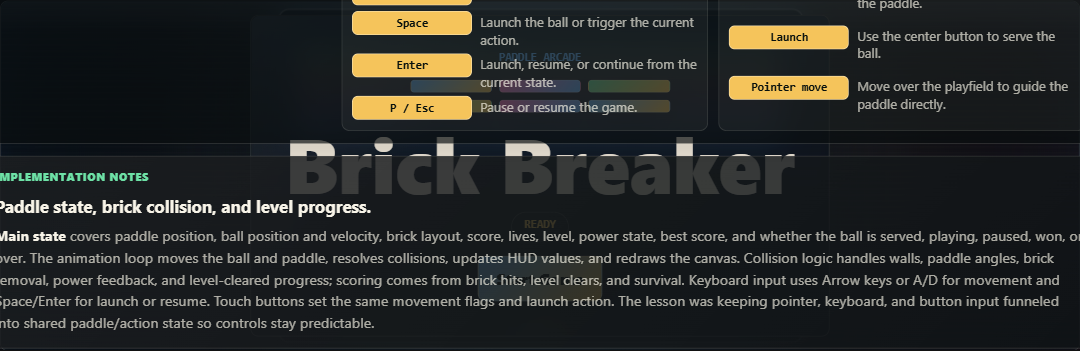 Brick Breaker canvas playfield with start menu, paddle, ball, and brick layout