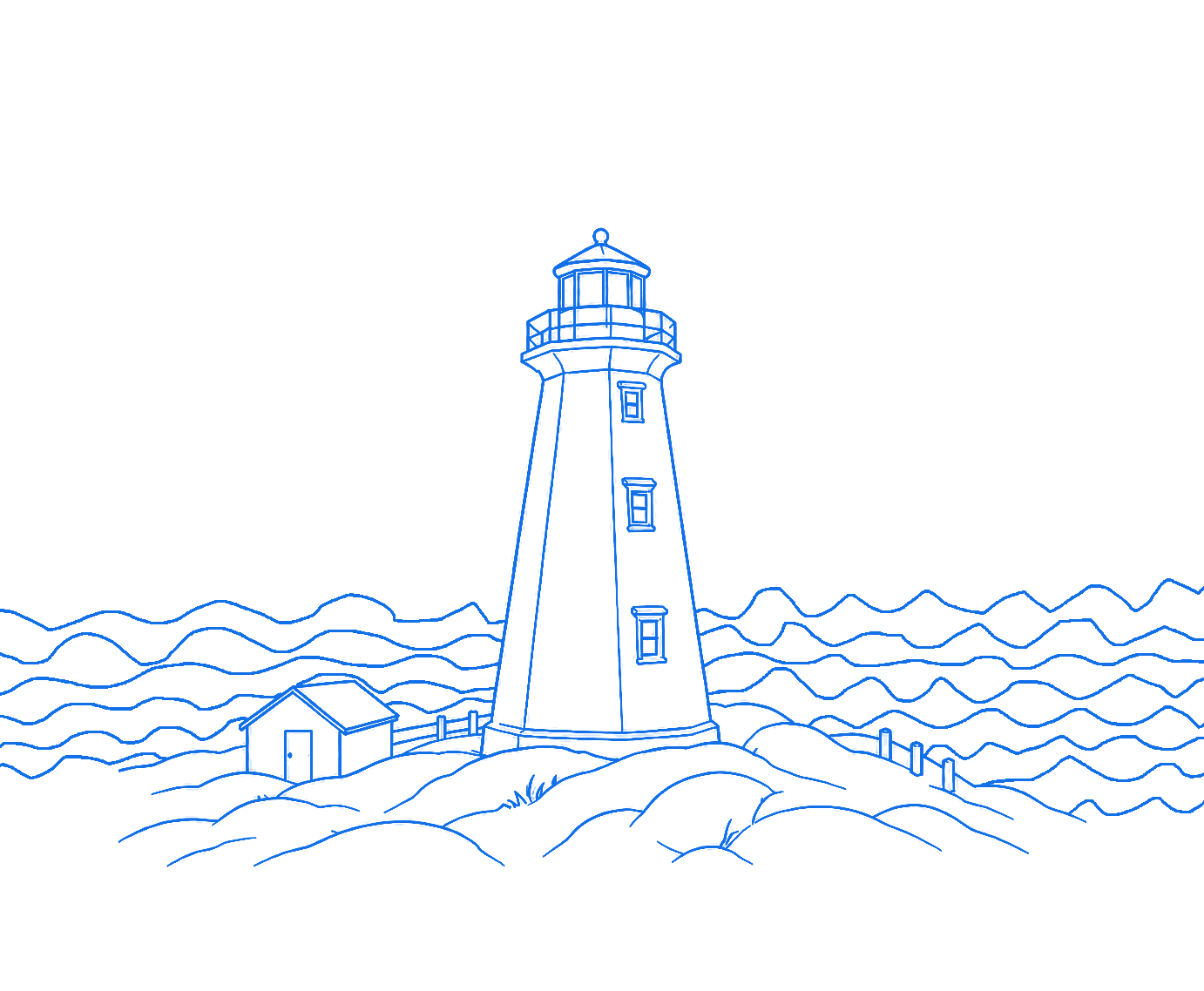 Animated blue line illustration of the Cape Spear lighthouse, rocky headland, and Atlantic water