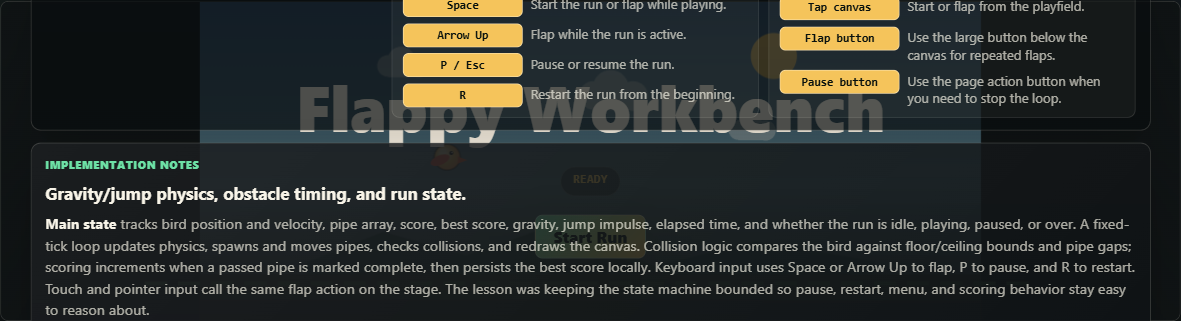 Flappy Workbench canvas playfield with start menu, bird, pipe obstacles, and touch controls