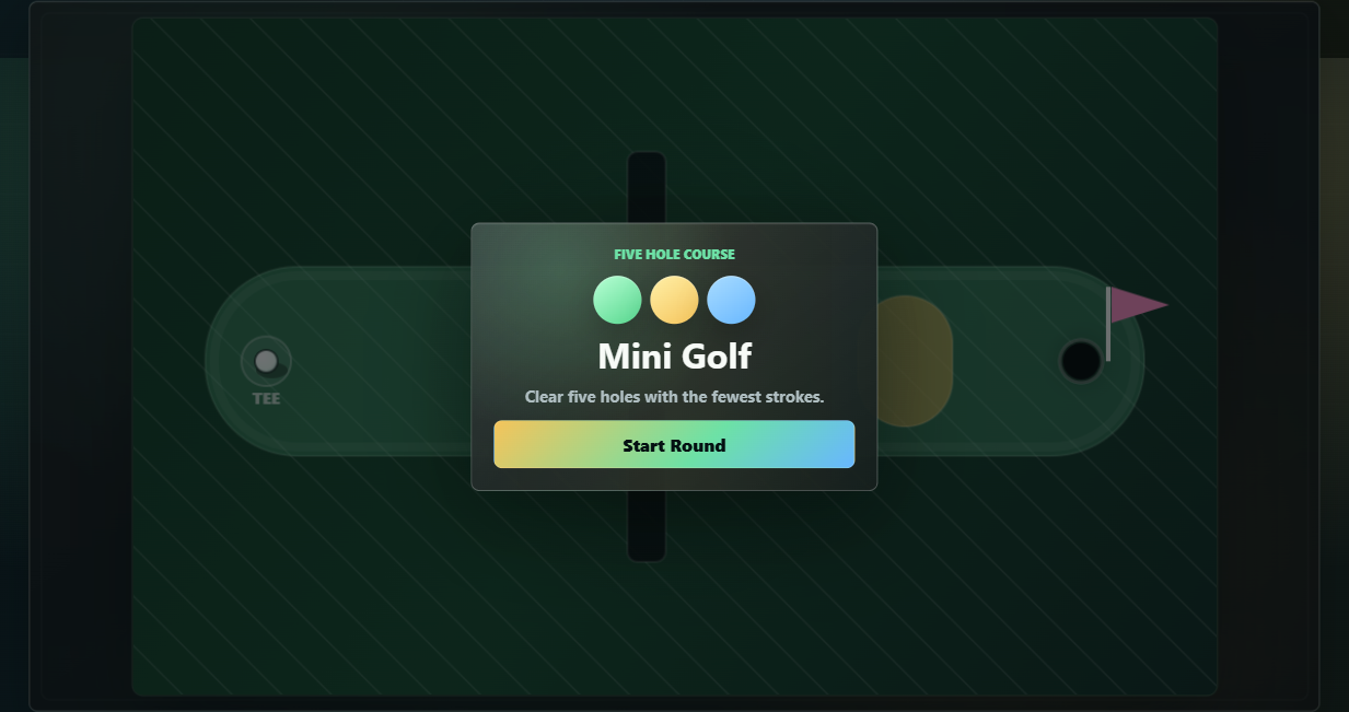 Mini Golf canvas game start screen with a five-hole course preview and start-round control