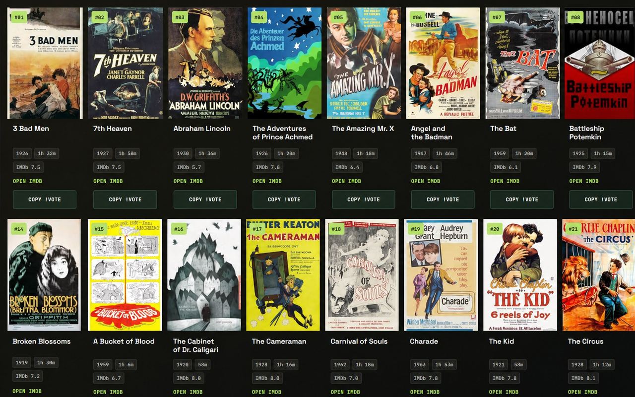 Movie Library poster grid with copyable vote commands