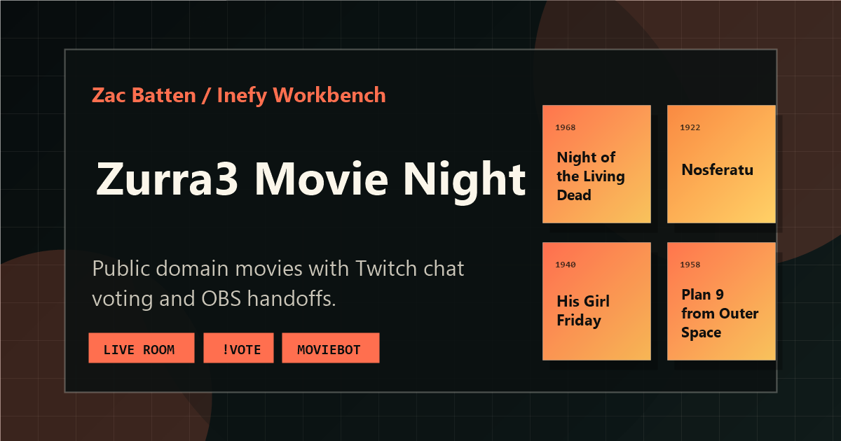 Movie Night showcase page with Twitch stream, chat, MovieBot details, and public-domain movie links