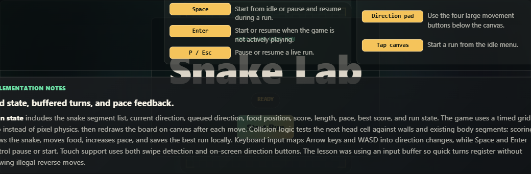 Snake Lab canvas playfield with start menu and touch direction controls