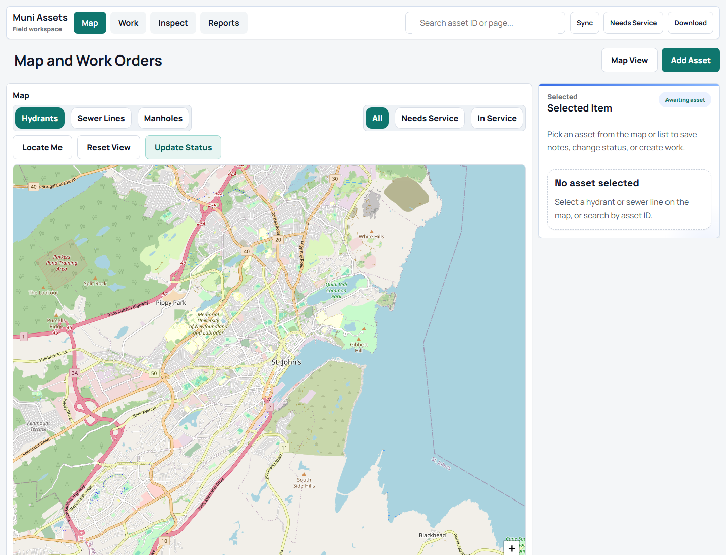 TraverseOps field workspace showing a municipal asset map and selected asset panel