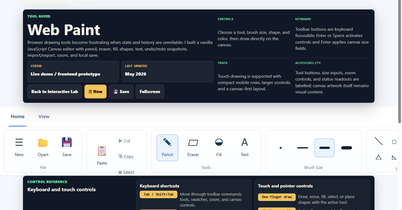 Web Paint live page with tool guide, toolbar commands, brush controls, and drawing workspace